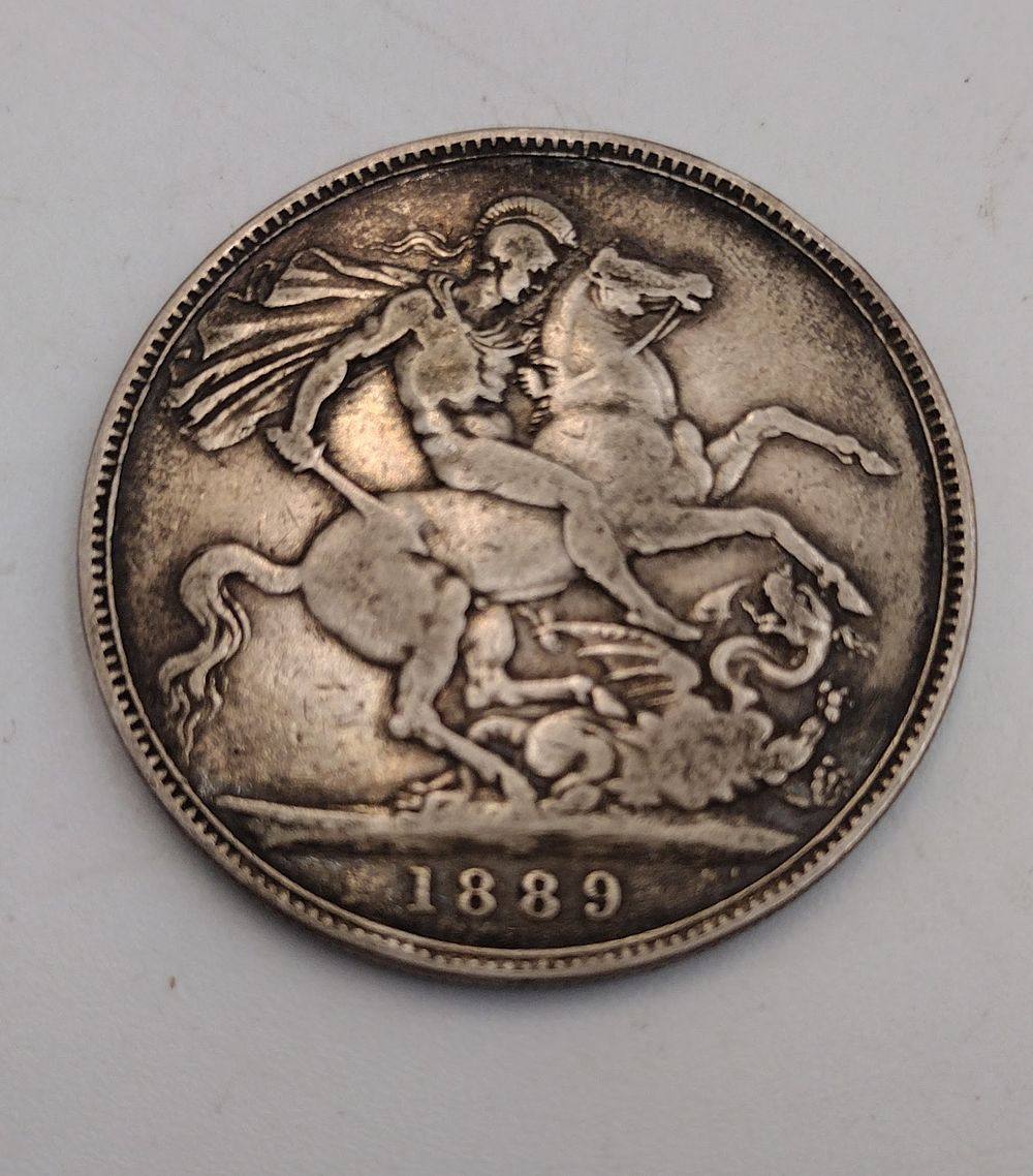 1889 Queen Victoria Silver Crown, Jubilee Head, St. George and Dragon Reverse.