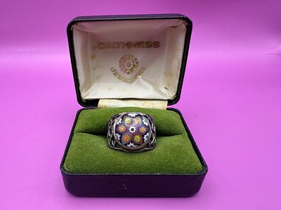 Vintage Caithness Glass Milliefiori Sterling Silver Ring in Original Box R30 K9 Size N