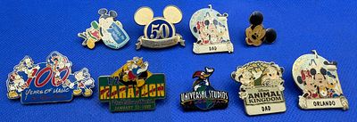 Selection of Eight Collectible Disney Pin Badges inc Official Pin Trading &amp; One Universal 