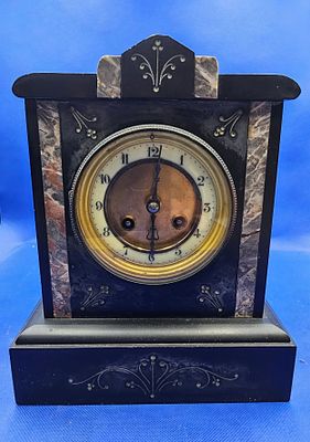 Antique Black Marble/Slate Architectural Mantel Clock Late 19th Century