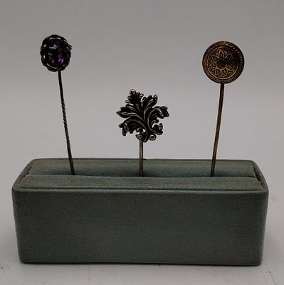 Set of Three Late Victorian to Edwardian Stick Pins Including Silver Fleur-de-Lis and Amethyst 