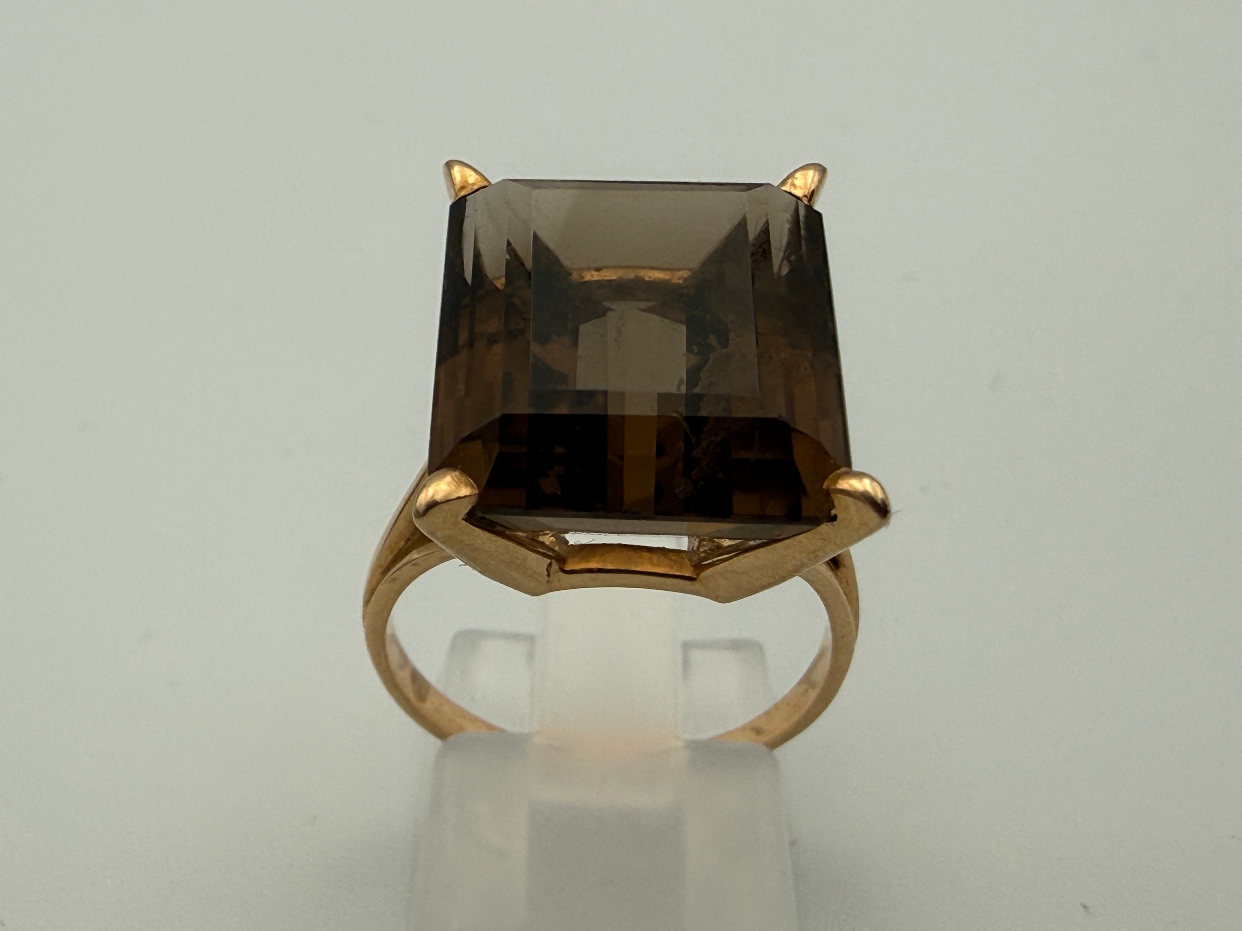 Circa Mid 20th Century Yellow Metal Smoky Quartz Solitaire Statement Ring