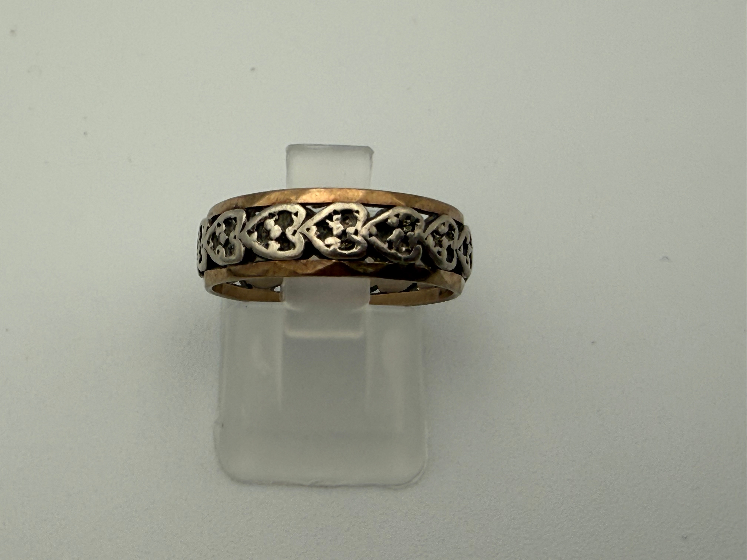 Vintage 9ct Gold And Silver Band Ring With Pierced Floral Heart Design Marked