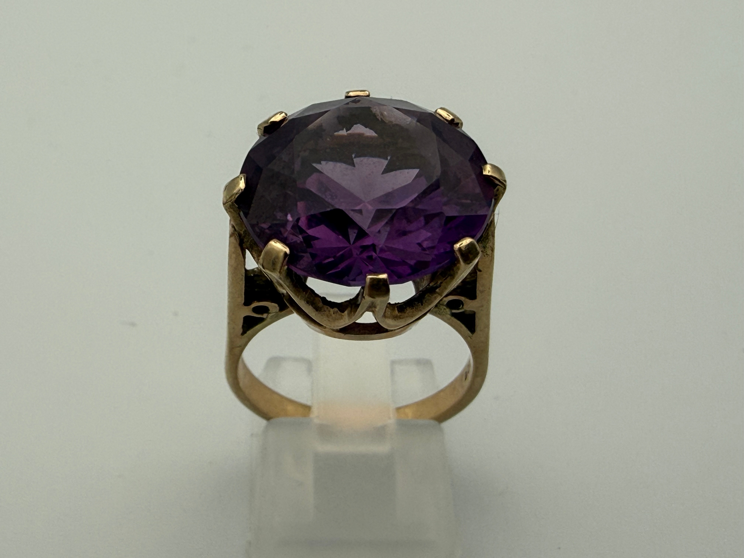 Circa Mid 20th Century 9ct Gold Large Round Faceted Amethyst Solitaire Statement