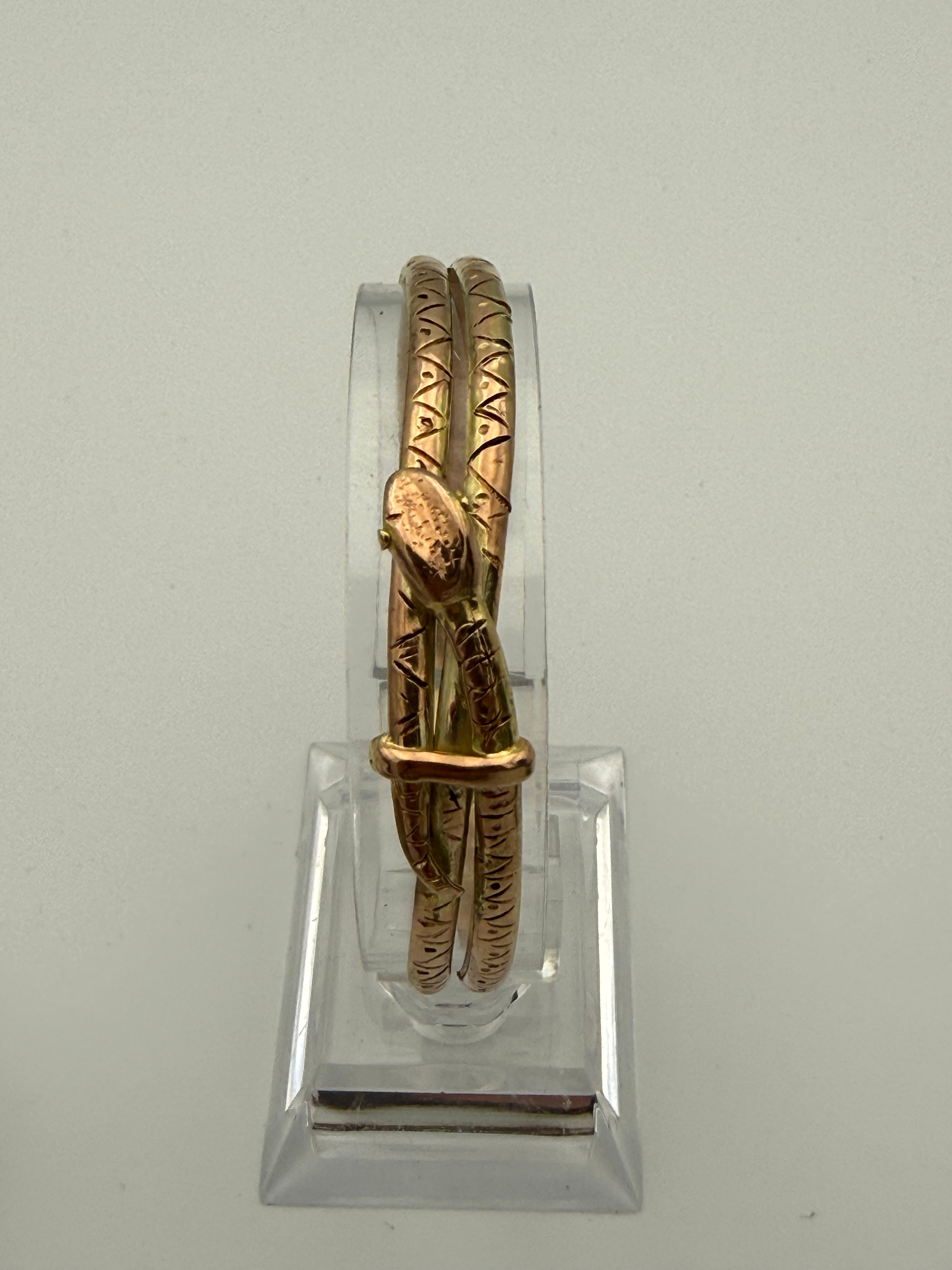 Early 20th Century Double Snake Yellow Metal Bangle With Engraved Decoration