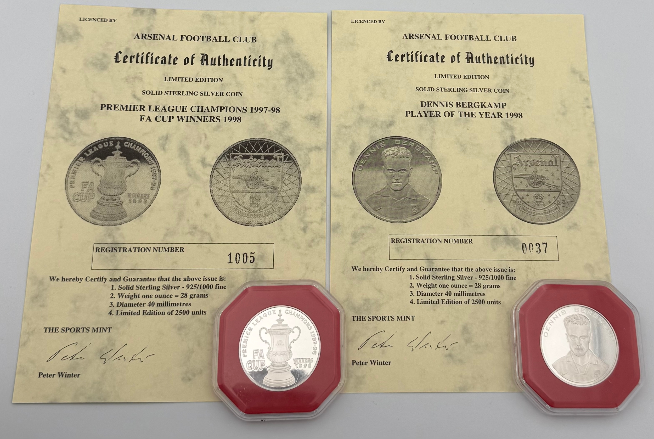 Pair Of 1998 Arsenal Football Club Limited Edition Sterling Silver Coins