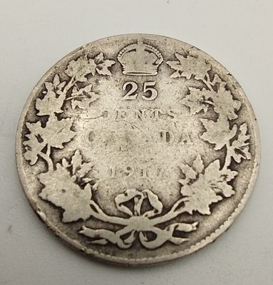 Canadian George V Sterling Silver 25 Cents, Royal Canadian Mint, KM#24, 1917