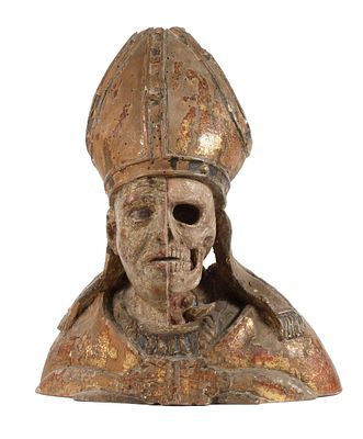 Memento Mori wohl 17. Jh., Holz geschnitzt, kreidegrundiert, farbig gefasst und vergoldet