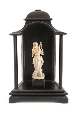 Memento Mori 2. Hälfte 19. Jh., Knochen beschnitzt, ebonisierter Schrein aus Laubholz mit