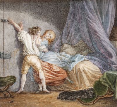 Miniatur nach Fragonard19. Jh., signiert Vernet, Gouache auf Platte, stark verkleinerte Kopie