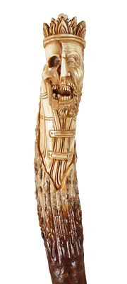 Wanderstock Memento Mori20. Jh., Knotenstock mit figürlich gearbeitetem Griffstück aus
