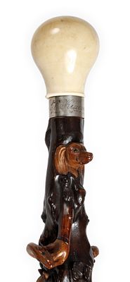 Spazierstock Elfenbeindatiert 1879, voluminös gestalteter Knauf aus Elfenbein, schmale