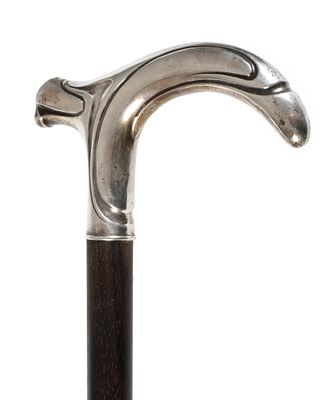 Spazierstock Silberum 1900, Silber gestempelt Halbmond, Krone, 800, Initial A sowie Hersteller