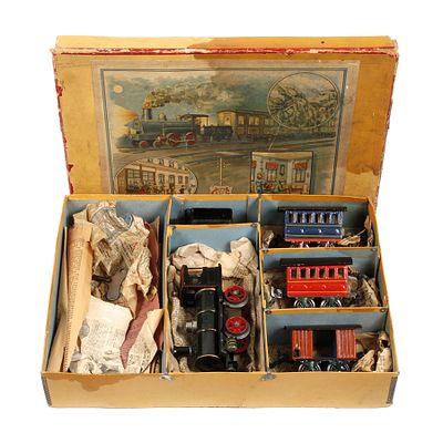 Märklin frühe Zugpackung um 1905, Prägelogo, Guss und Blech farbig handlackiert, Spur 0