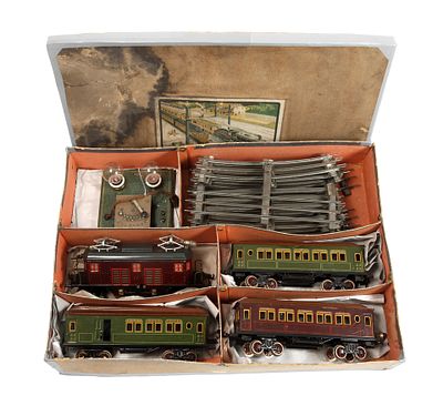 Bing Zugpackung Spur 1 Bauzeit 1927-1932, gemarkt, Guss und Blech farbig lackiert bzw.