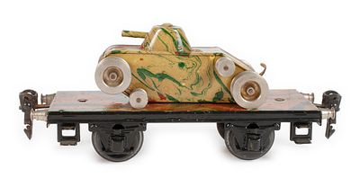 Märklin Plattformwagen mit TankModell 1984M, 1933/34, gemarkt, Blech mimikry lackiert, Spur 0