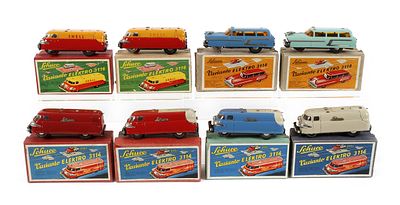 Sammlung Schuco Varianto Elektro-Modelleacht Stück mit Originalkarton, um 1960/70, gemarkt