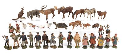 Konvolut Massefiguren Bauernhof/ZooElastolin und Erzgebirge, um 1930/40, tlw. gemarkt, Masse