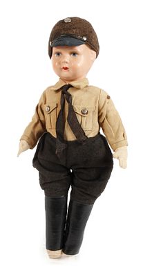 Puppe als Pimpfum 1940, ungemarkt, Kurbel-Vollkopf aus fein bemaltem Pappmaché mit Seitennaht