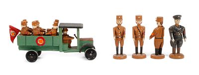 Set patriotisches Miniatur-Spielzeug Erzgebirge Seiffen, um 1940, Holz gedrechselt, beschnitzt