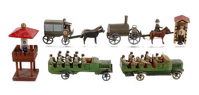 Konvolut patriotisches Miniatur-Spielzeug Erzgebirge Seiffen, um 1930, Holz gesägt, geschnitzt