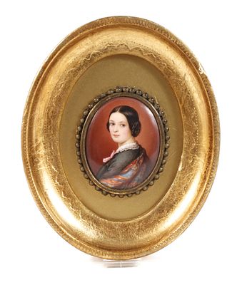 Miniaturmalerei19. Jh., unsigniert, Porzellan in feiner Aufglasurmalerei, rückseitig zweifach 