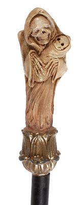Figürlicher Spazierstock20. Jh., figürlich gearbeitetes Griffstück in Form Gevatter Tods, in 