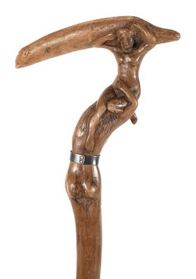 Spazierstockmonogrammiert GCO und datiert 1911, aus einem Wurzelstock geschnitzte Gehhilfe mit 