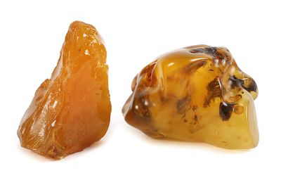 Zwei Rohbernsteineunbestimmten Alters, zwei große Segmente in warmen Honigtönen, semitransluzid 