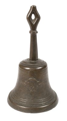 Handglocke19. Jh., Bronze dunkelbraun patiniert, schlichtes, zart profiliertes Modell mit zwei 