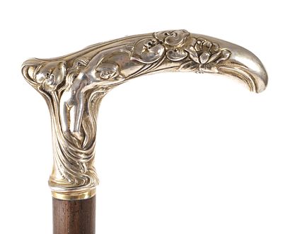 Spazierstock Jugendstil. Spazierstock Jugendstil um 1900, abgekantetes Griffst&uuml;ck aus Silber 