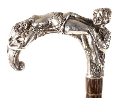 Spazierstock Erotika. Spazierstock Erotika um 1900, Silber gestempelt 925, Rundhakengriff 