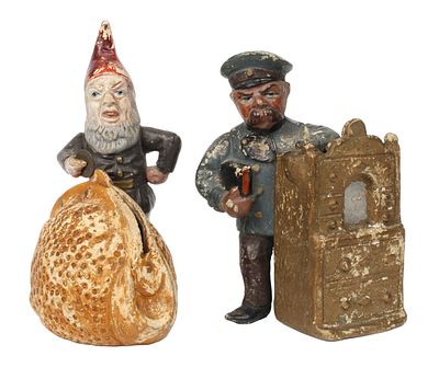 Zwei fig&uuml;rliche Spardosen. Zwei fig&uuml;rliche Spardosen um 1900, ungemarkt, Keramik farbig 
