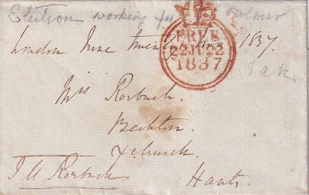 John Arthur Roebuck – Signed Free Wrapper, 1837 Election – Reference to Charles Palmer
. Signed 