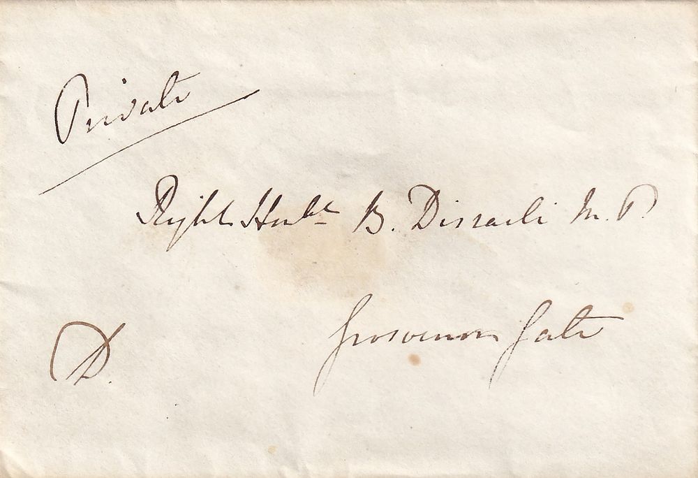 Lord Derby to Benjamin Disraeli – Private Cover to Grosvenor Gate, Initialled “D.” with 