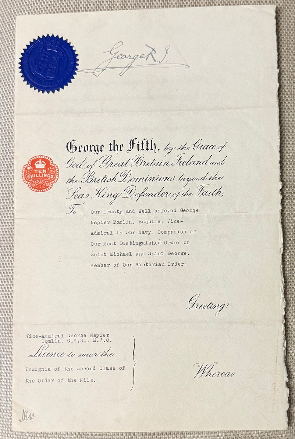 King George V – Autograph-Signed Royal Licence Authorising Vice-Admiral George Napier Tomlin to 