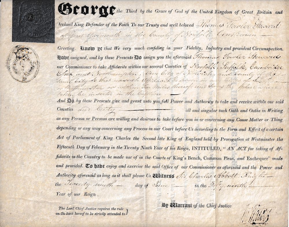 King George III – Royal Appointment on Vellum Appointing Thomas Fowler Steward as Commissioner 