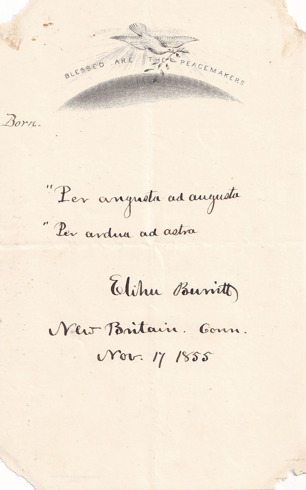 Elihu Burritt – “The Learned Blacksmith” and American Peace Activist – Autograph Quotation 