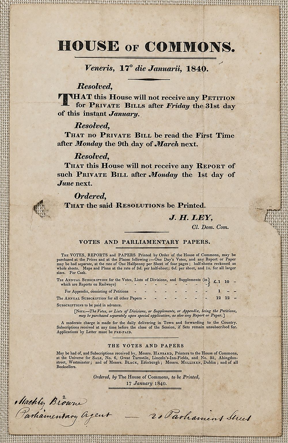 1840 – Early Uniform Penny Post: Official House of Commons Printed Notice Mailed Only Eight 