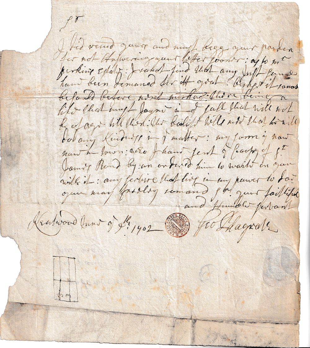England, 1702 – Early Letter to John Vanden Bempde of Pall Mall, Ancestor of the Barons Derwent 