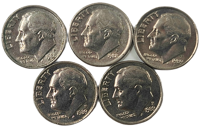 חמש מטבעות בערך 10 סנט מידיו הקדושות של הרבי. מטבע בערך נקוב של 1 דיים (10 סנט ארה"ב) שניתן 