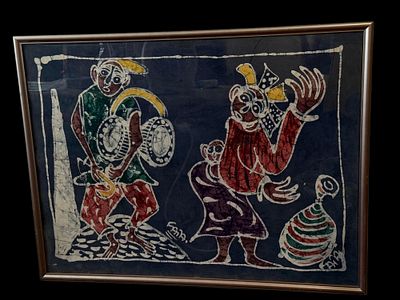 batik africano 65x85 (Nigeria 1991). Batik su tessuto, Lagos Nigeria, dedica 1991, scena di vita