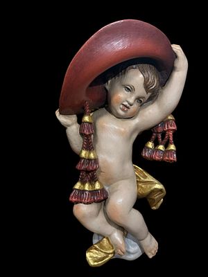 Angelo in legno 40 cm. Statua grande formato, scolpita/dipinta a mano, dettagli dorati, scuola