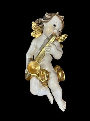 Angelo in legno 30 cm. Musicista dorato, scolpito/dipinto a mano, oggetto natalizio e da collezione.