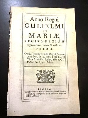 1689 English Act William and Mary Protestants. An English act of Parliament during the reign of 