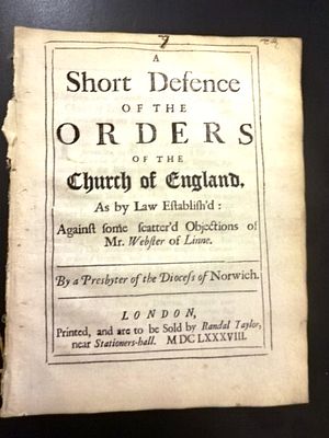 1688 English Reformation Pamphlet. "A Short Defence of the Orders of the Church of England…by a 