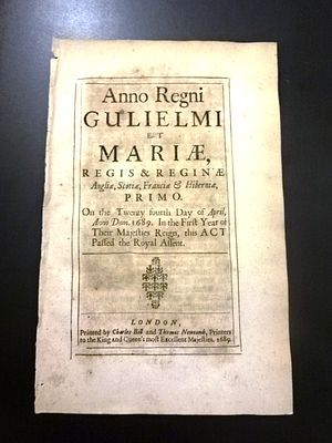 1689 English Act William and Mary on Papists. An English Act of Parliament passed and printed 
