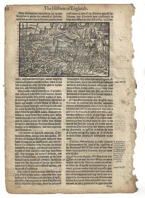 1577 Leaf Holinshed Woodcut of Battle. A leaf from Holinshed "Historie of Englande", printed at 
