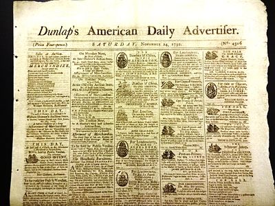 1792 Dunlaps American Daily Advertiser. The November 24, 1792 issue of Dunlap’s American Daily 
