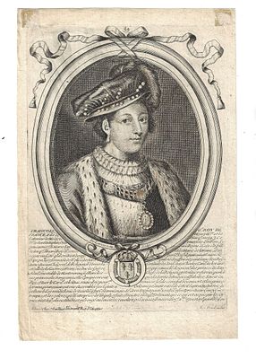 1679 Engraving of Francis II Consort of Mary Queen of Scots. Portrait engraving of King Francis 